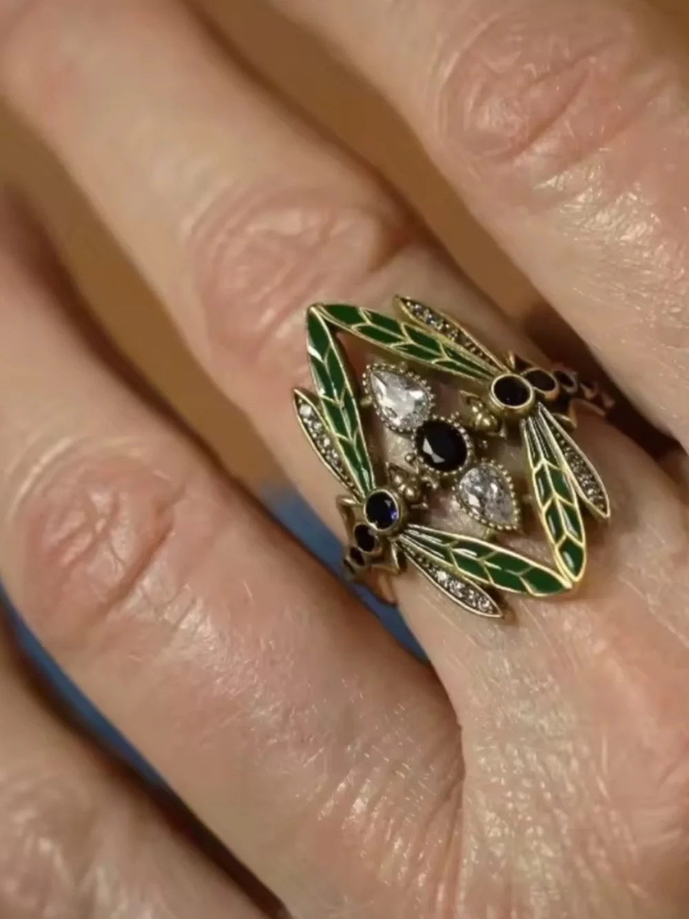 Vintage Green Enamel and Blue Stone Gold Ring
